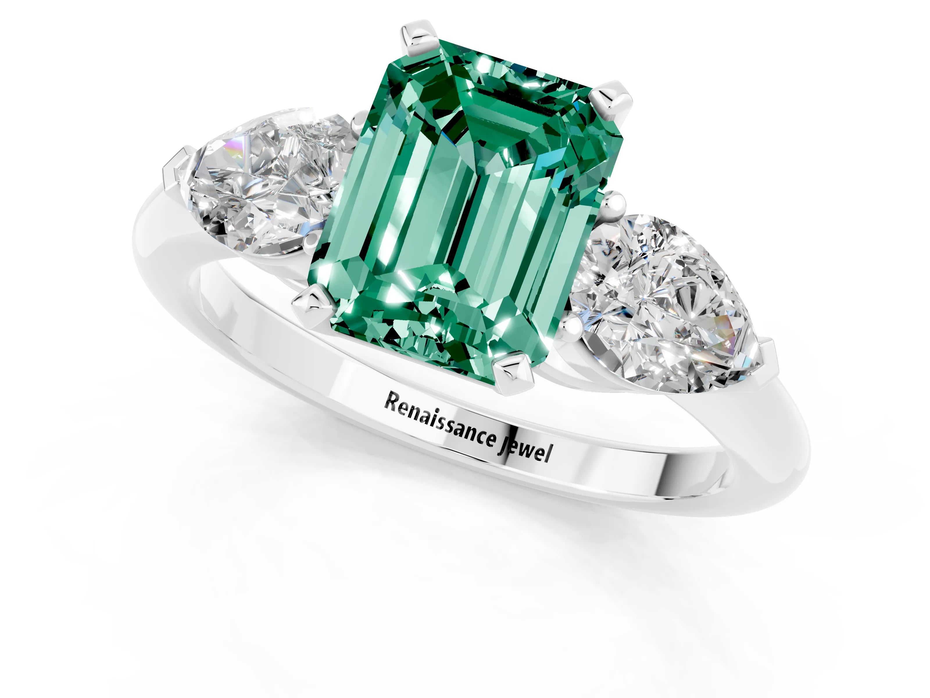 White gold Three-Stone Emerald Cut Green Sapphire Ring with Pear Side Stones and Four-Prong Setting_1