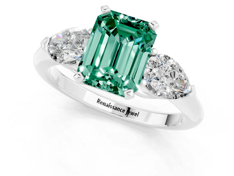 White gold Three-Stone Emerald Cut Green Sapphire Ring with Pear Side Stones and Four-Prong Setting_1