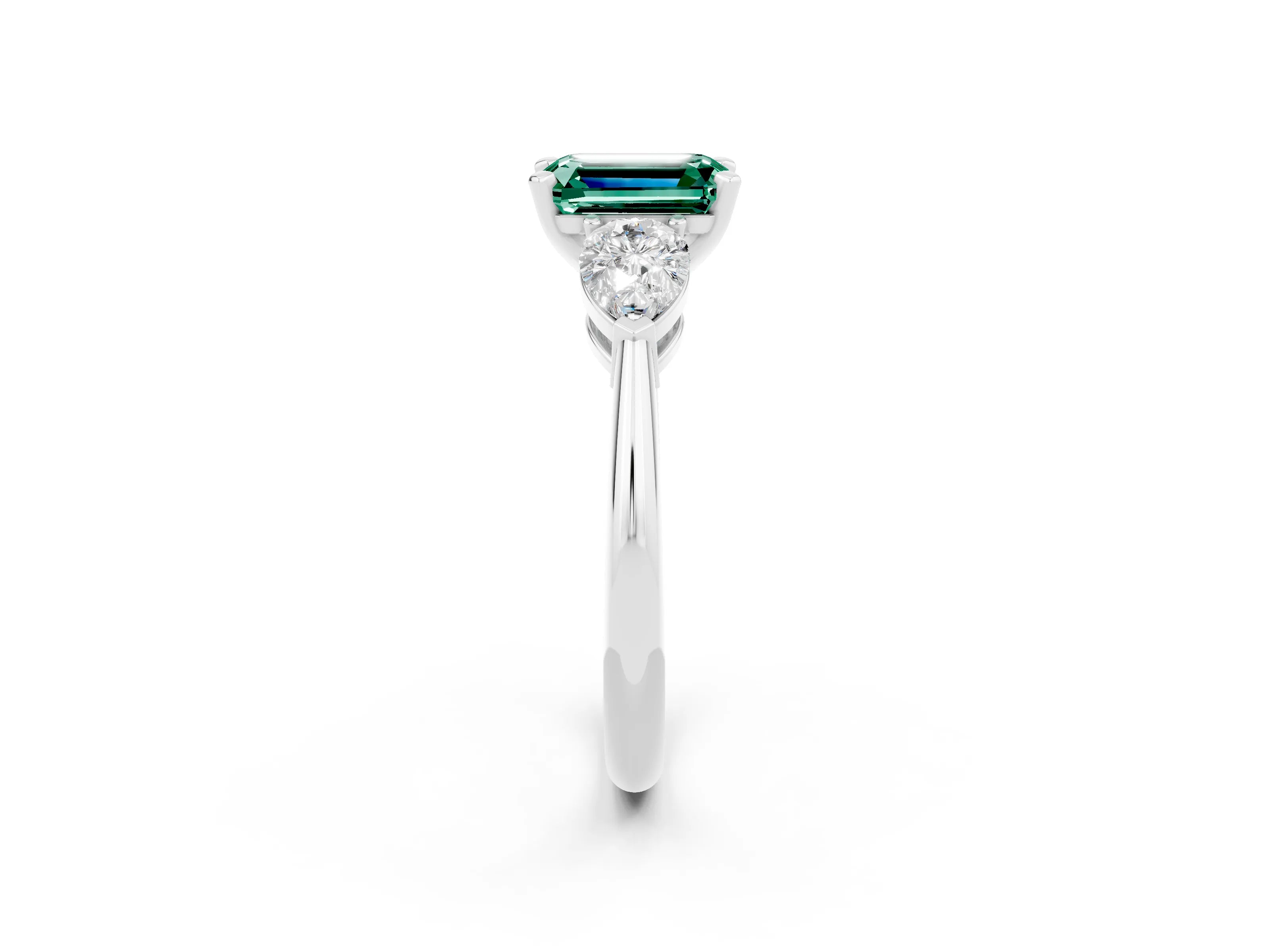 White gold Three-Stone Emerald Cut Green Sapphire Ring with Pear Side Stones and Four-Prong Setting_2
