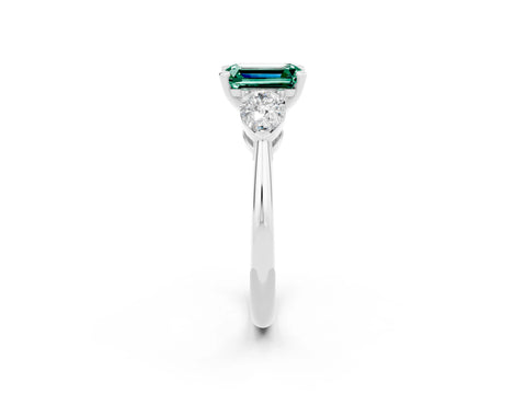 White gold Three-Stone Emerald Cut Green Sapphire Ring with Pear Side Stones and Four-Prong Setting_2