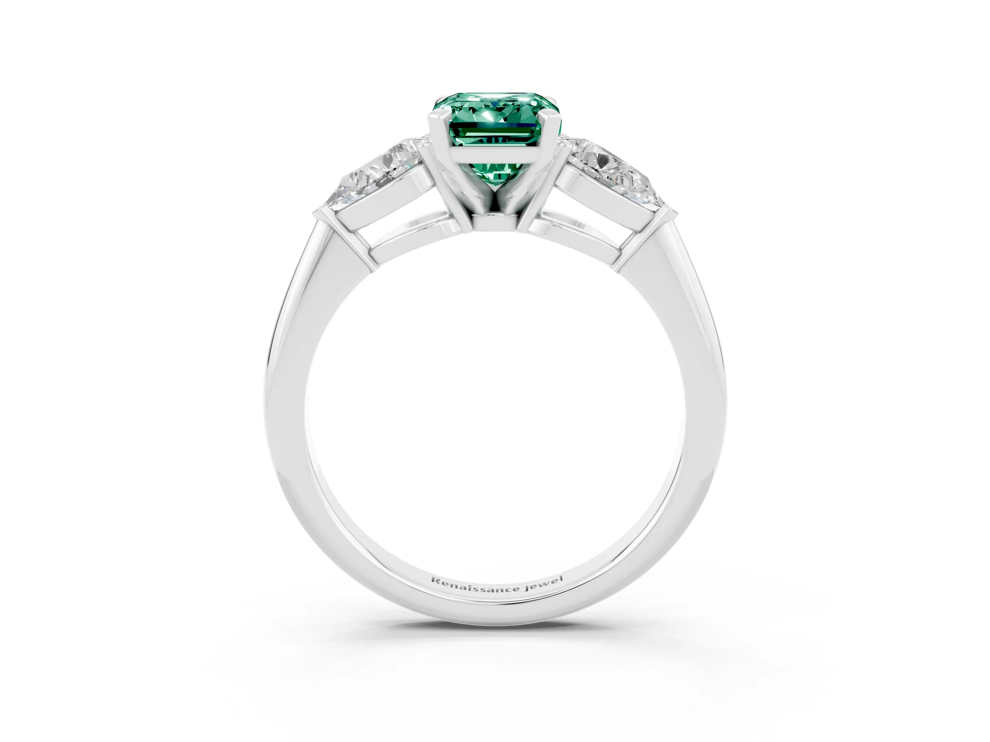 White gold Three-Stone Emerald Cut Green Sapphire Ring with Pear Side Stones and Four-Prong Setting_3