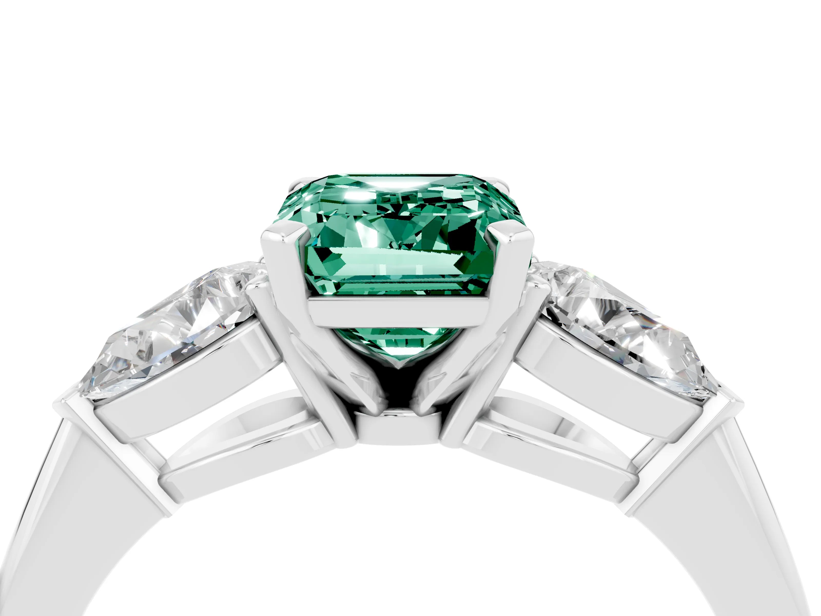 White gold Three-Stone Emerald Cut Green Sapphire Ring with Pear Side Stones and Four-Prong Setting_4