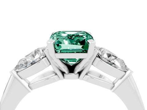 White gold Three-Stone Emerald Cut Green Sapphire Ring with Pear Side Stones and Four-Prong Setting_4