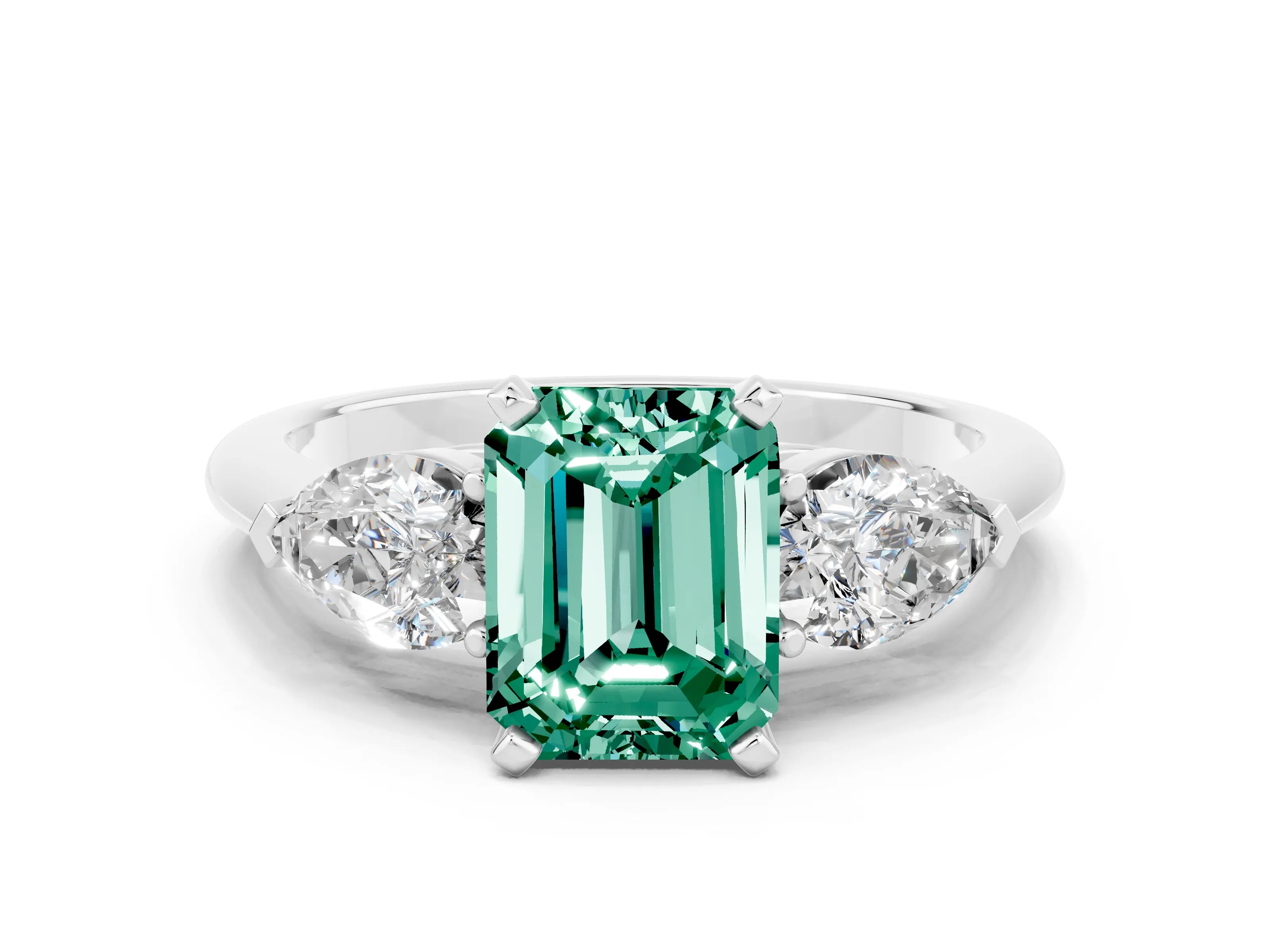 White gold Three-Stone Emerald Cut Green Sapphire Ring with Pear Side Stones and Four-Prong Setting
