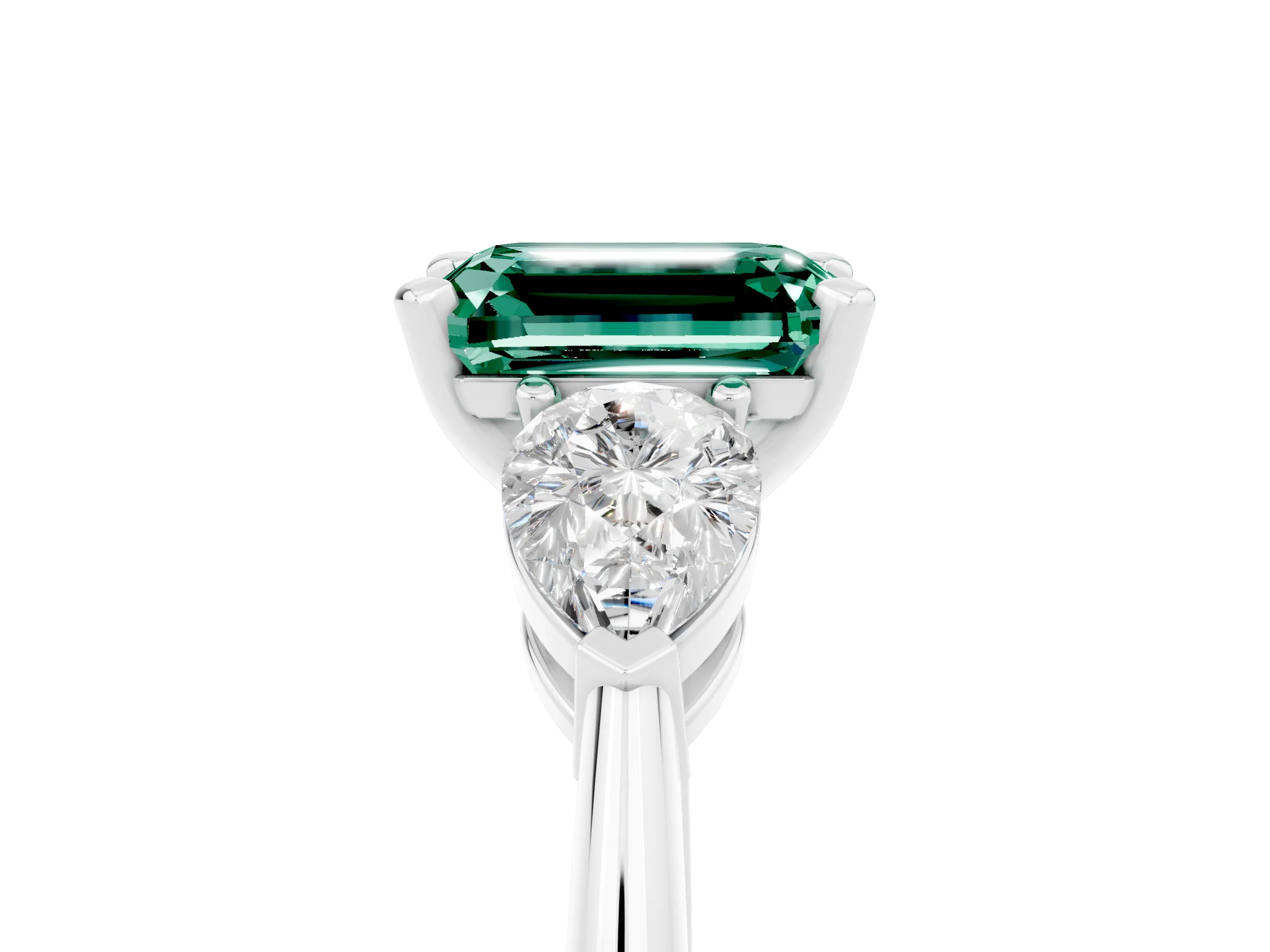 White gold Three-Stone Emerald Cut Green Sapphire Ring with Pear Side Stones and Four-Prong Setting_5