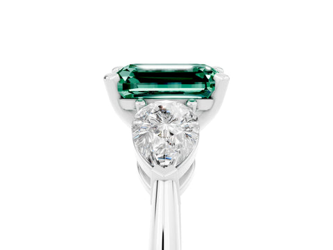 White gold Three-Stone Emerald Cut Green Sapphire Ring with Pear Side Stones and Four-Prong Setting_5