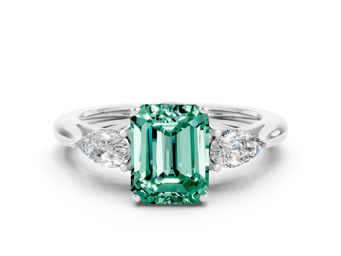 White gold Three-Stone Emerald Cut Green Sapphire Ring with Pear  Side Stones in Four-Prong Setting_12