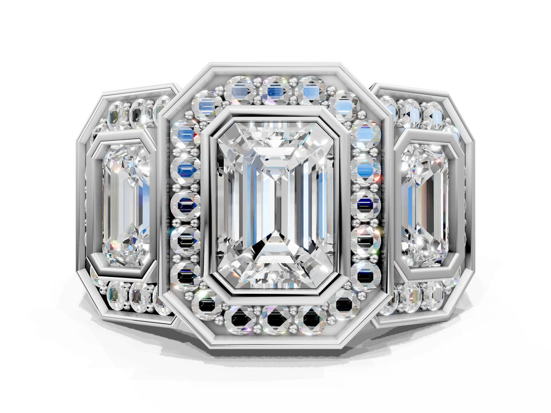 White gold Three-Stone Emerald Cut Halo Pavé Diamond Ring_7