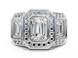 White gold Three-Stone Emerald Cut Halo Pavé Diamond Ring_7