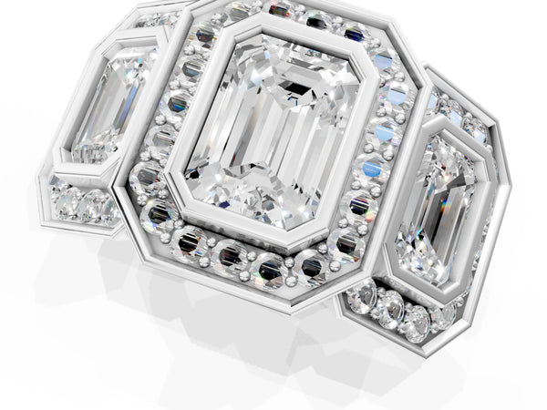 White Gold Emerald Cut Bezel Three Stone Halo Engagement Ring Setting with Pave Shoulders