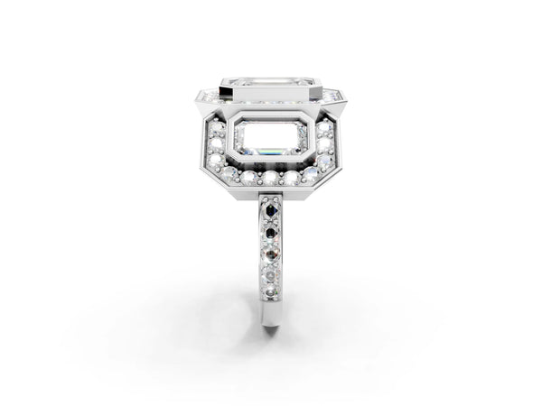 White Gold Emerald Cut Bezel Three Stone Halo Engagement Ring Setting with Pave Shoulders