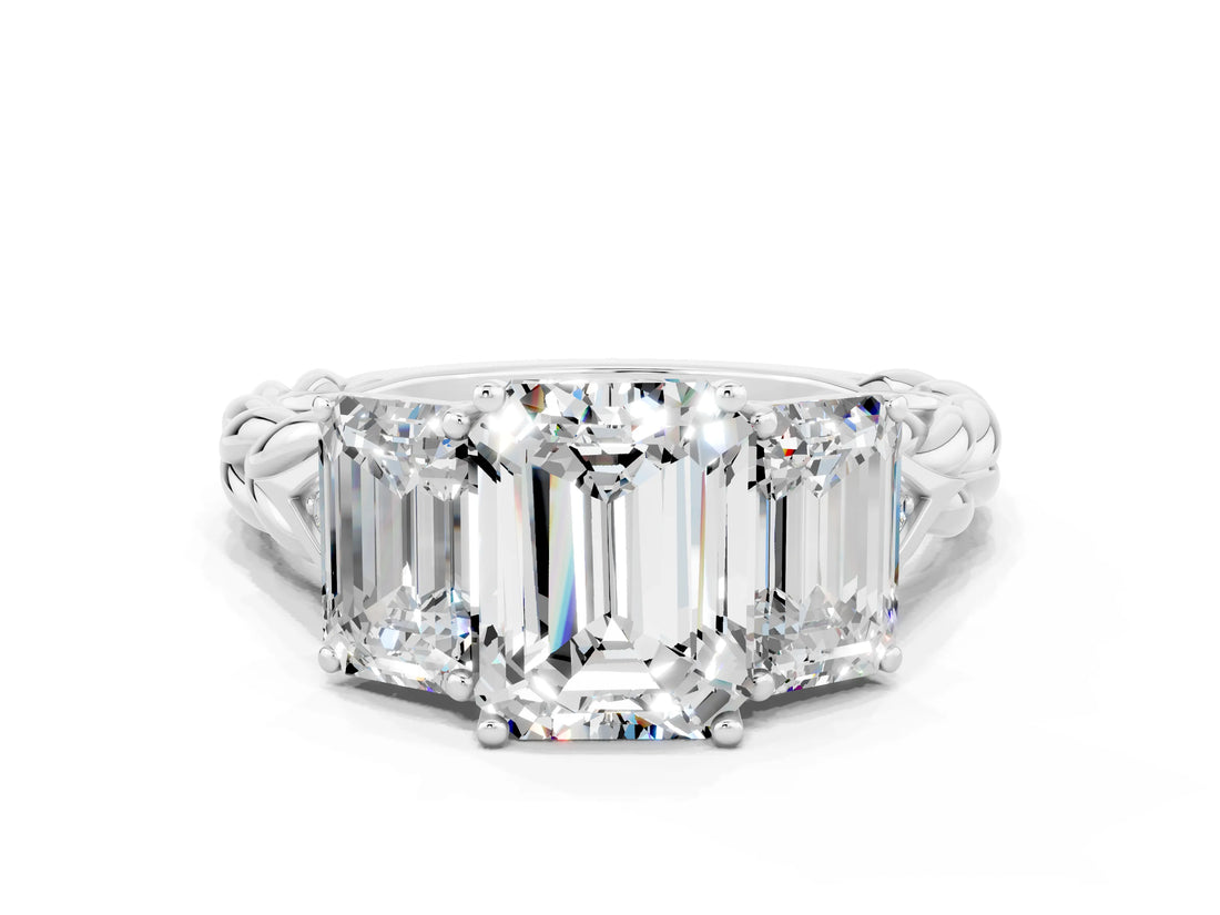White gold Three-Stone Emerald Cut Moissanite Braided Band Ring with Four-Prong Setting_36
