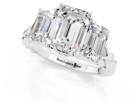 White gold Three-Stone Emerald Cut Moissanite Braided Band Ring with Four-Prong Setting_37