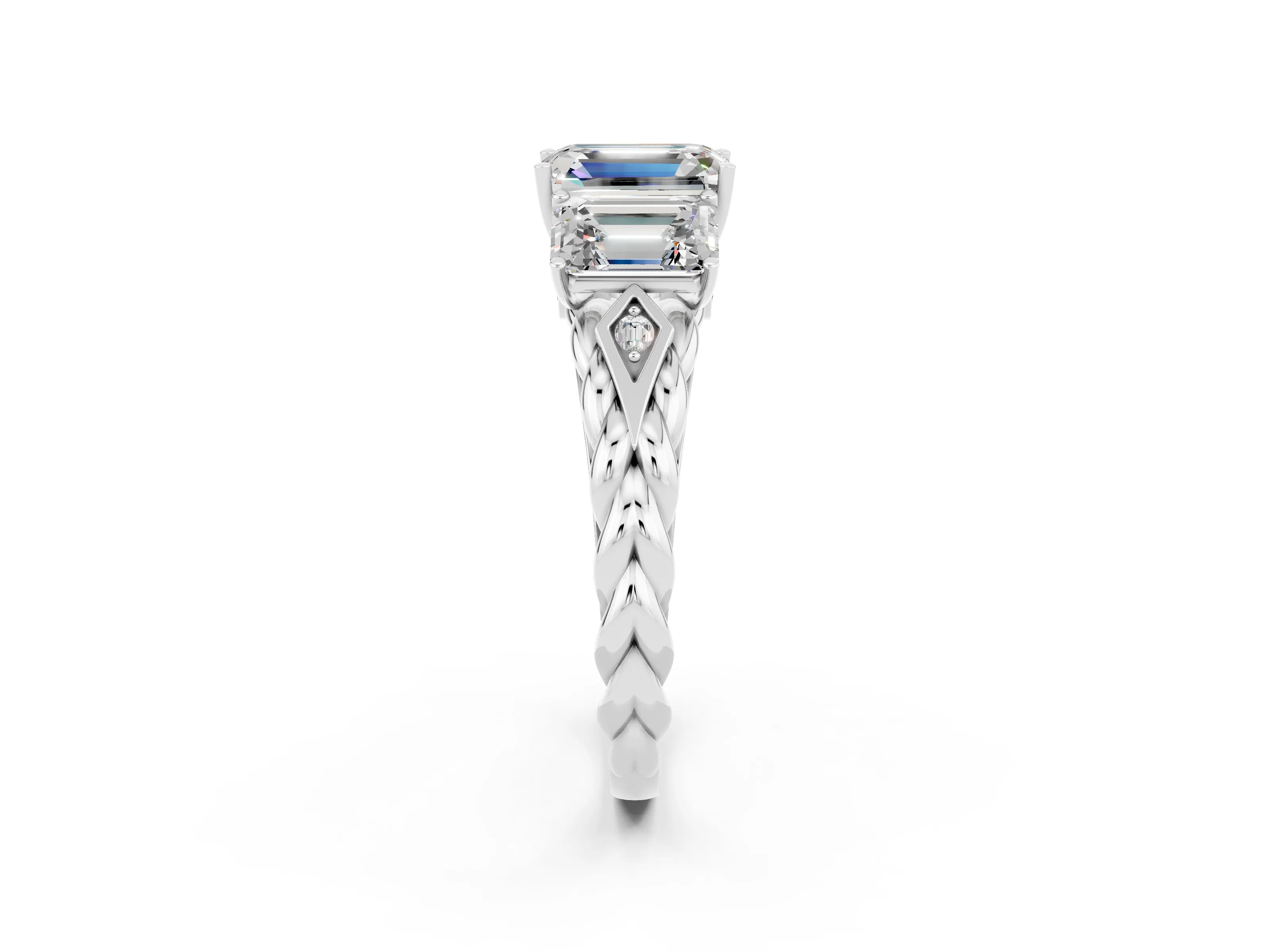 White gold Three-Stone Emerald Cut Moissanite Braided Band Ring with Four-Prong Setting_38