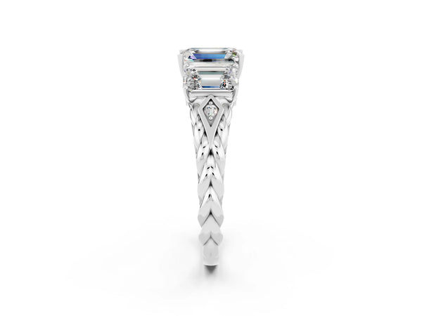 Platinum Three-Stone Emerald Cut Moissanite Braided Band Ring with Four-Prong Setting
