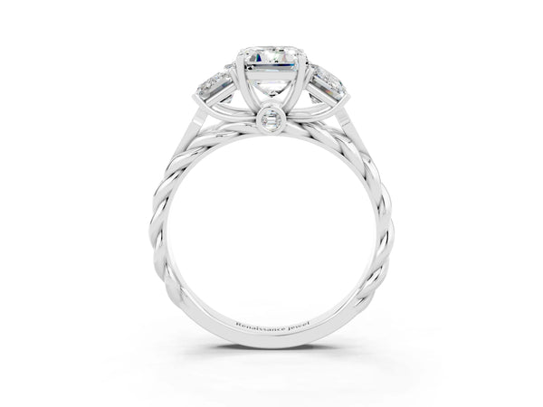Platinum Three-Stone Emerald Cut Moissanite Braided Band Ring with Four-Prong Setting