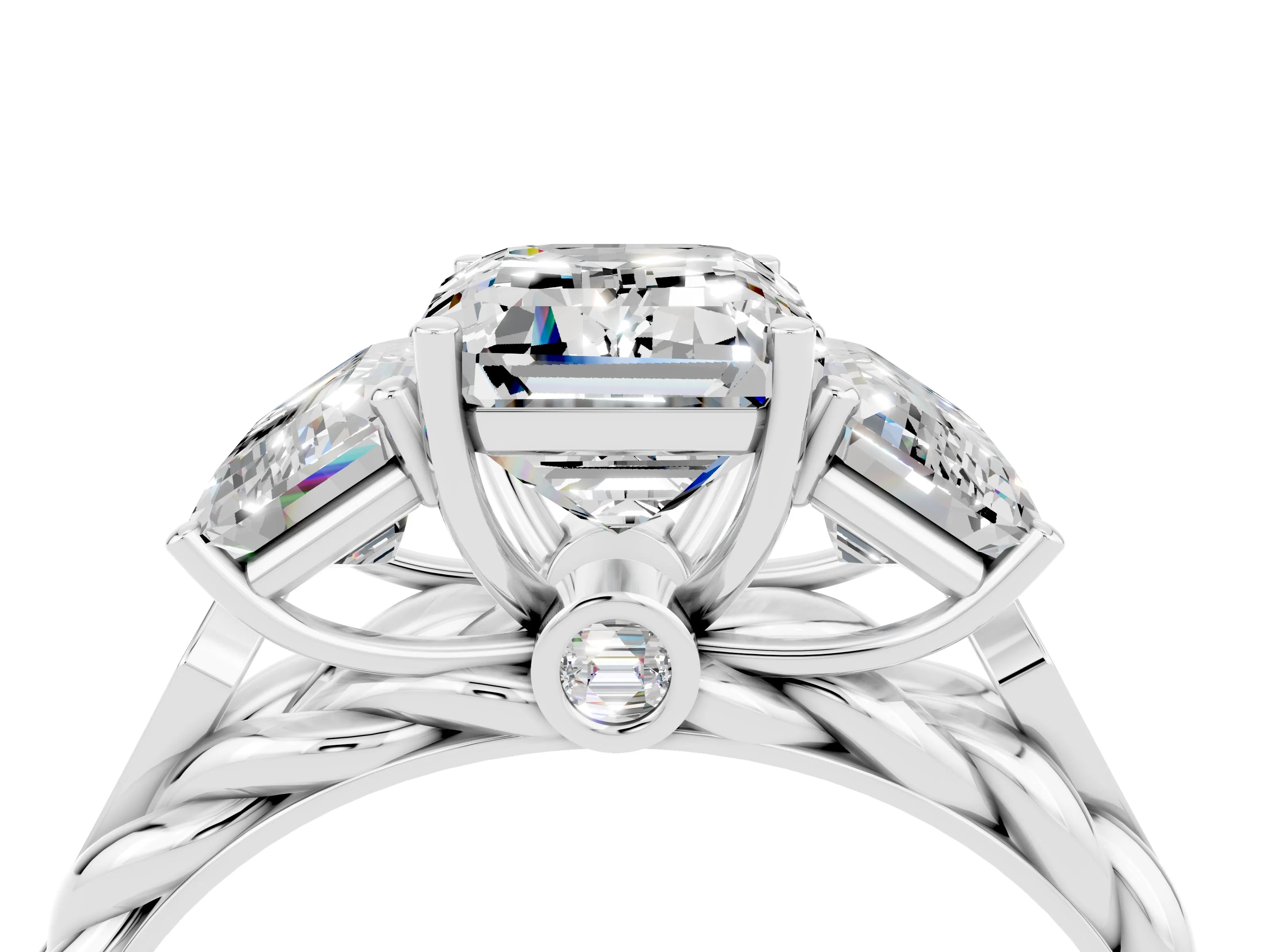 White gold Three-Stone Emerald Cut Moissanite Braided Band Ring with Four-Prong Setting_40