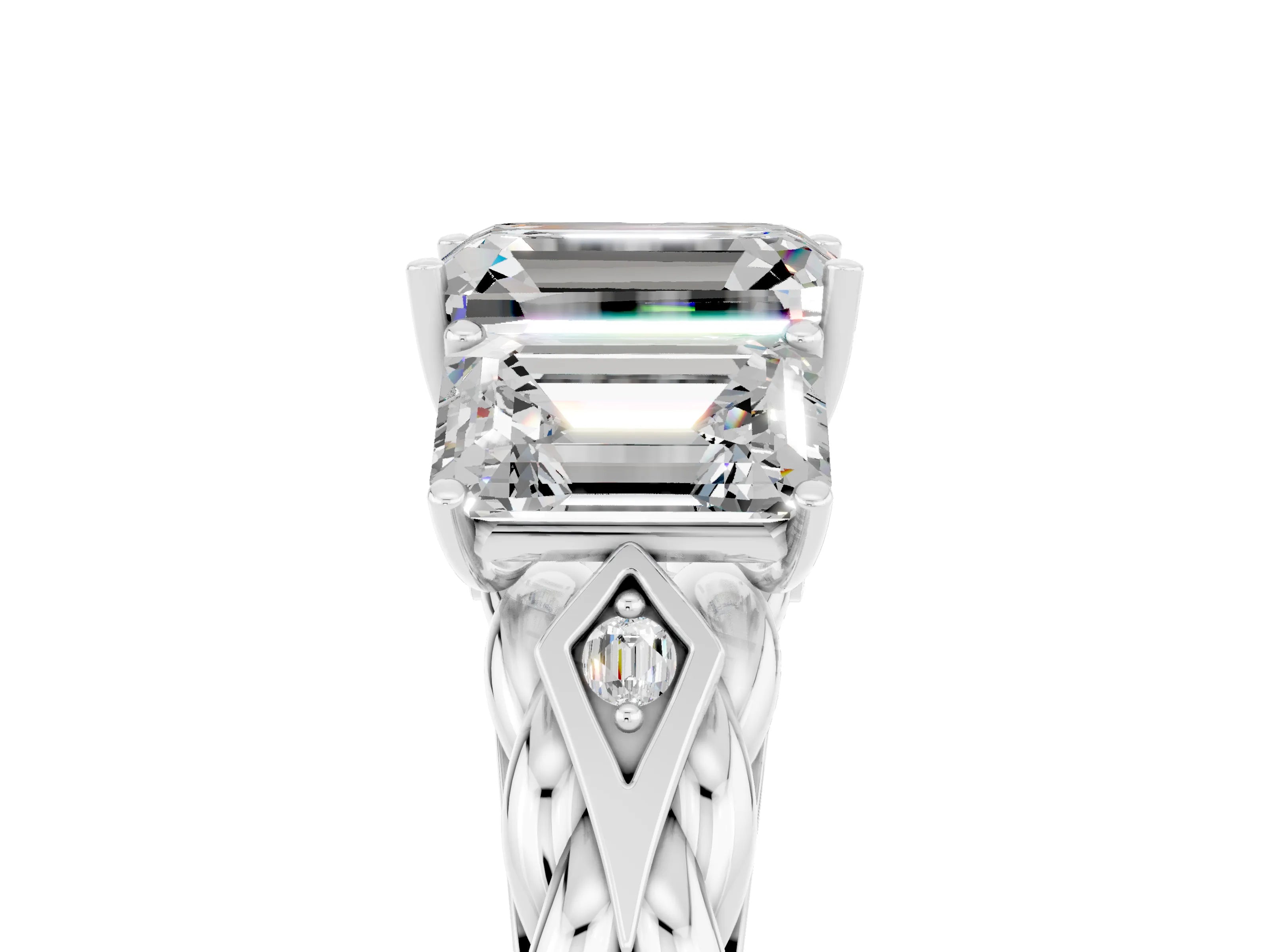 White gold Three-Stone Emerald Cut Moissanite Braided Band Ring with Four-Prong Setting_41
