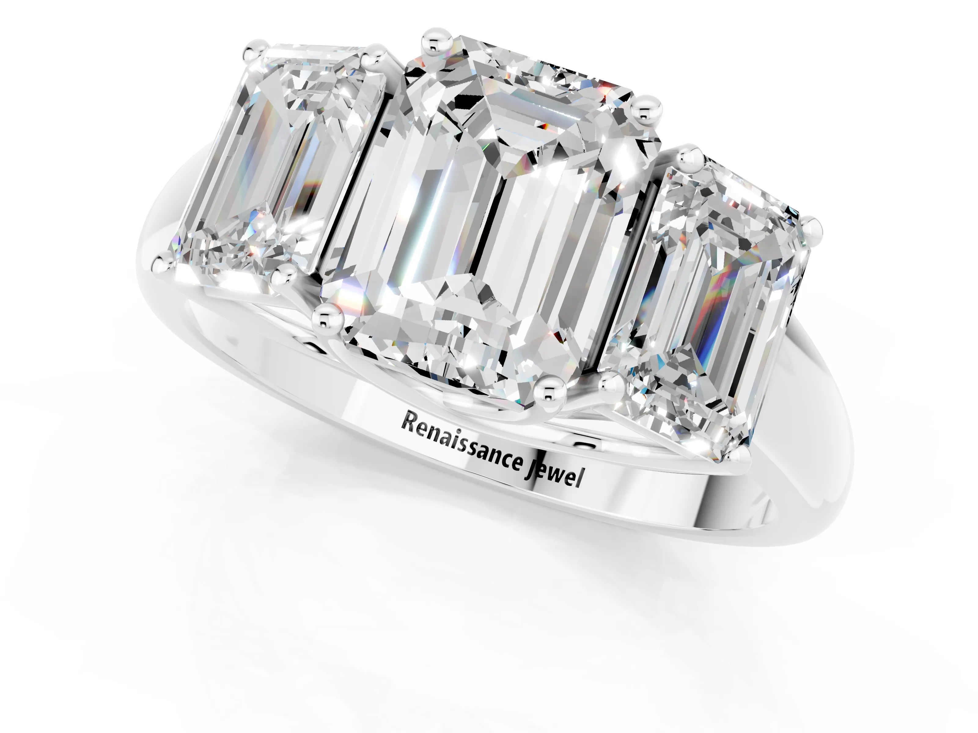 White gold Three-Stone Emerald Cut Moissanite Engagement Ring with Prong Setting_1