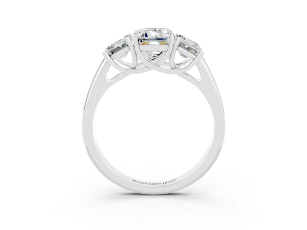 Silver Three-Stone Emerald Cut Moissanite Engagement Ring with Prong Setting