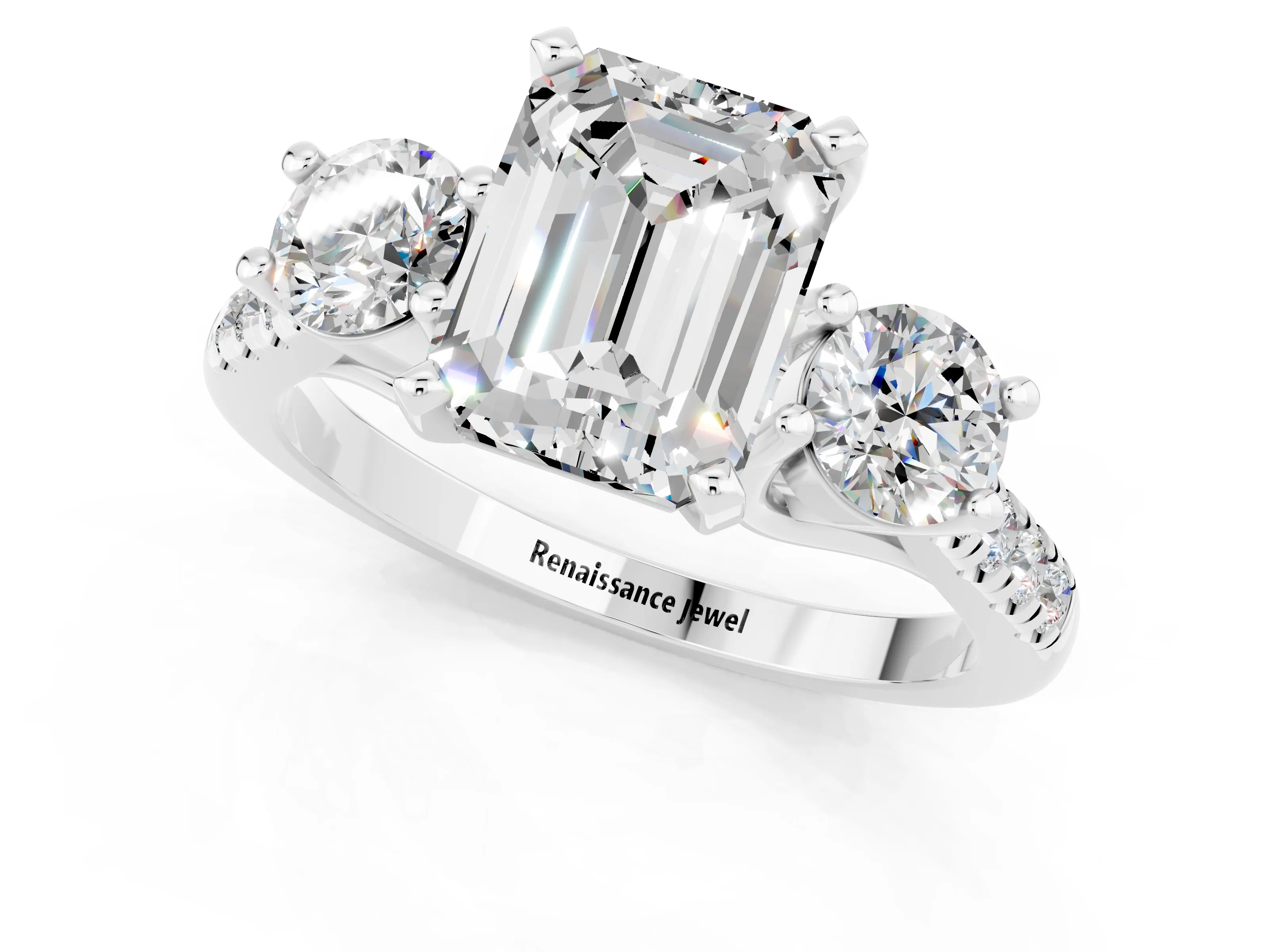 White gold Three-Stone Emerald Cut Moissanite Pavé Band with Four-Prong Setting_1