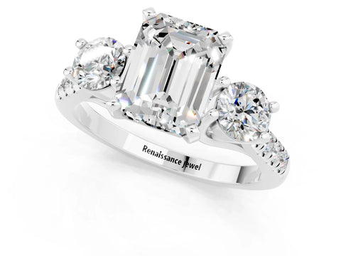 White gold Three-Stone Emerald Cut Moissanite Pavé Band with Four-Prong Setting_1