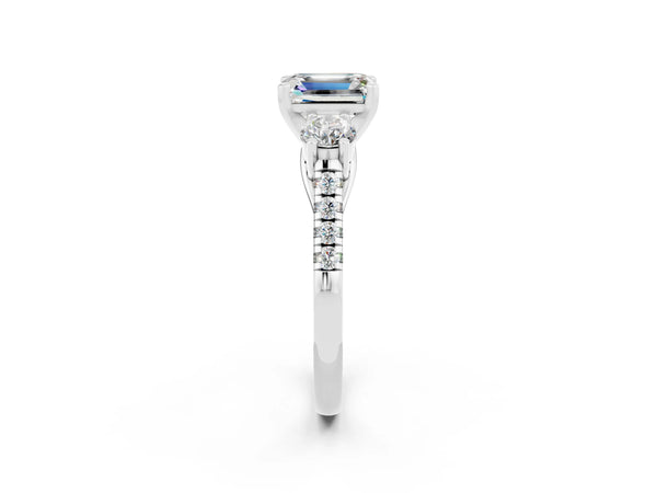 Silver Three-Stone Emerald Cut Moissanite Pavé Band with Four-Prong Setting