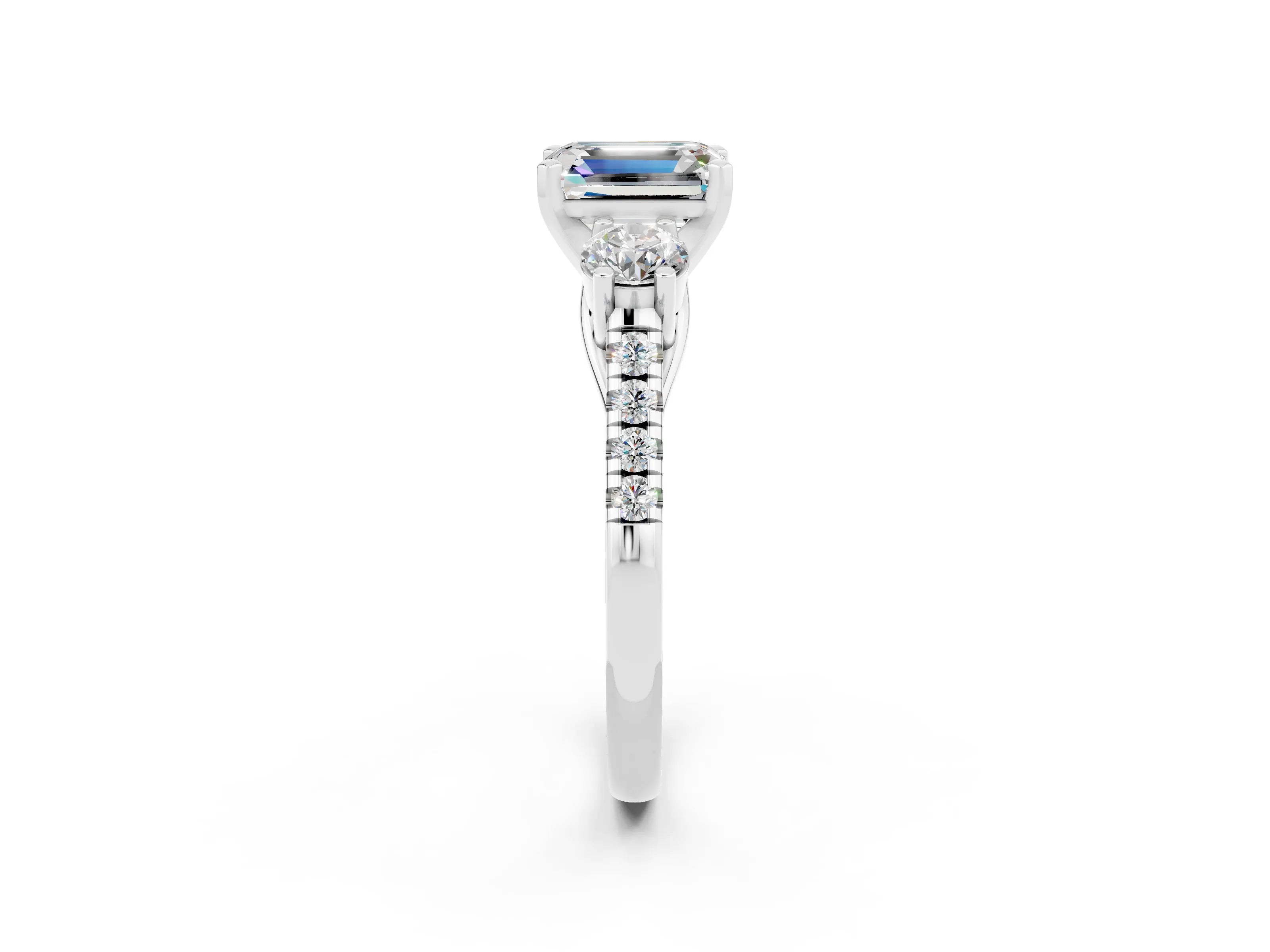 White gold Three-Stone Emerald Cut Moissanite Pavé Band with Four-Prong Setting_2