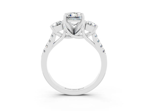 Silver Three-Stone Emerald Cut Moissanite Pavé Band with Four-Prong Setting