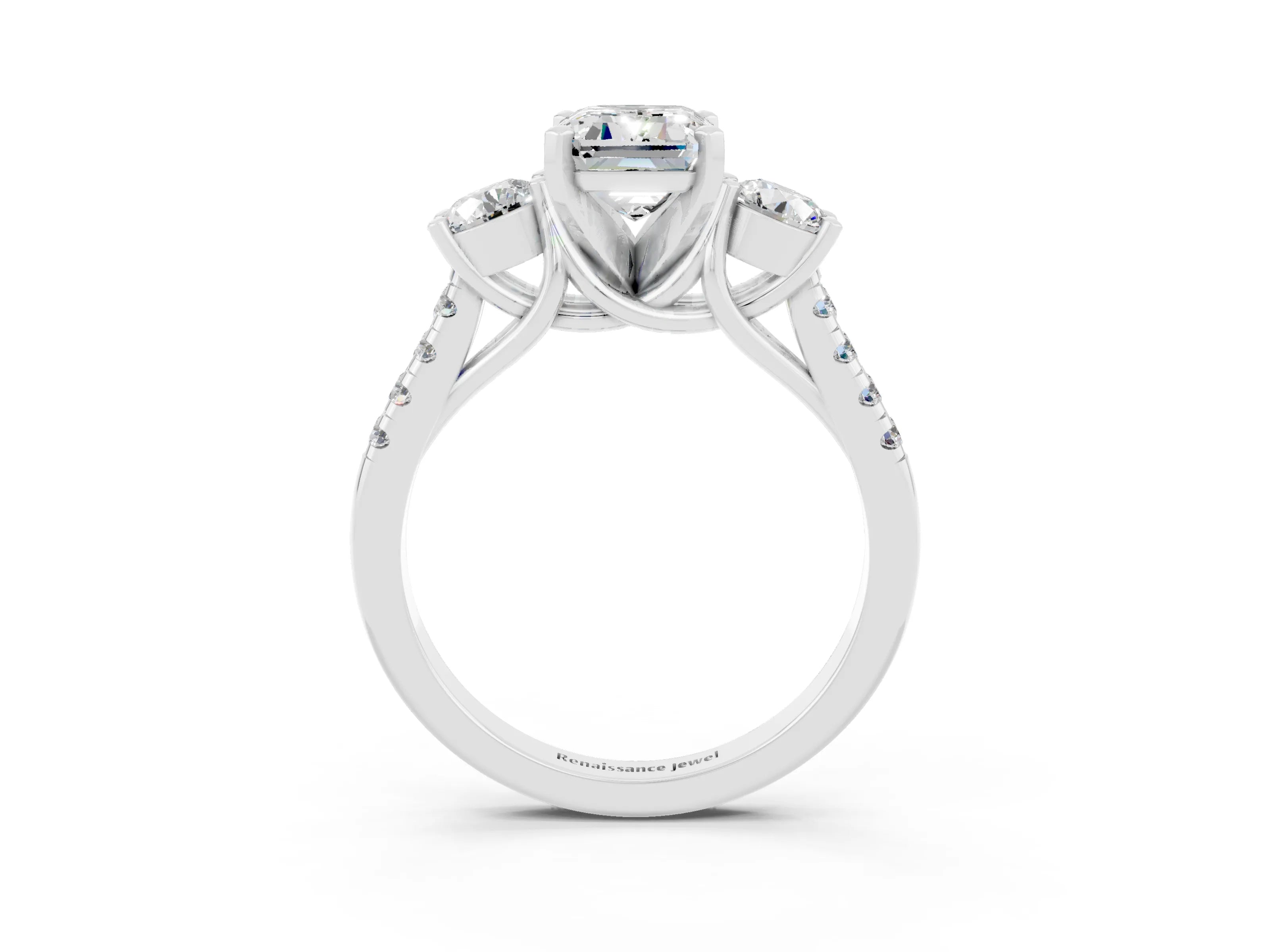 White gold Three-Stone Emerald Cut Moissanite Pavé Band with Four-Prong Setting_3