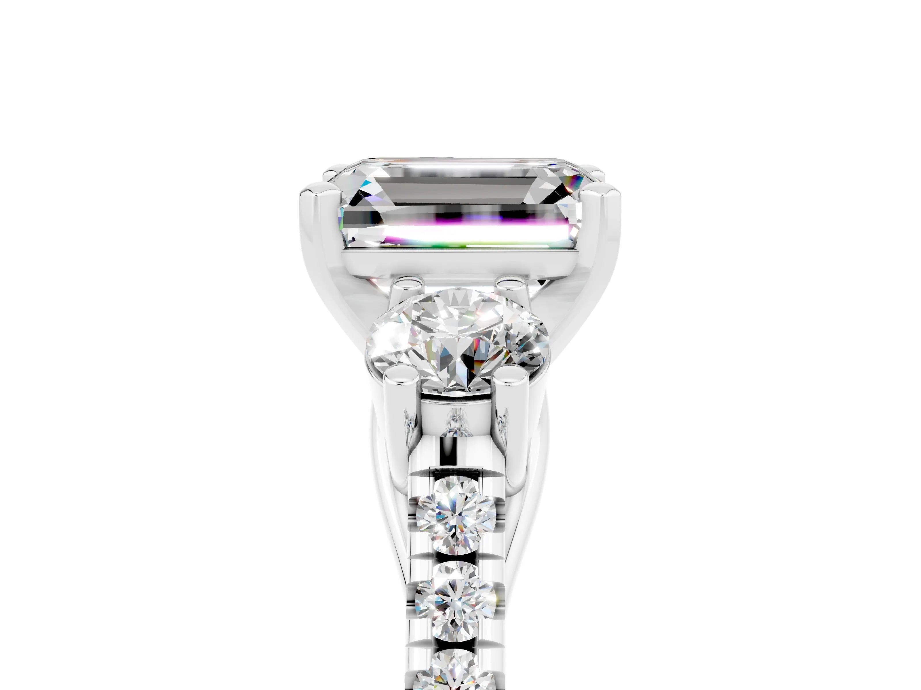 White gold Three-Stone Emerald Cut Moissanite Pavé Band with Four-Prong Setting_5