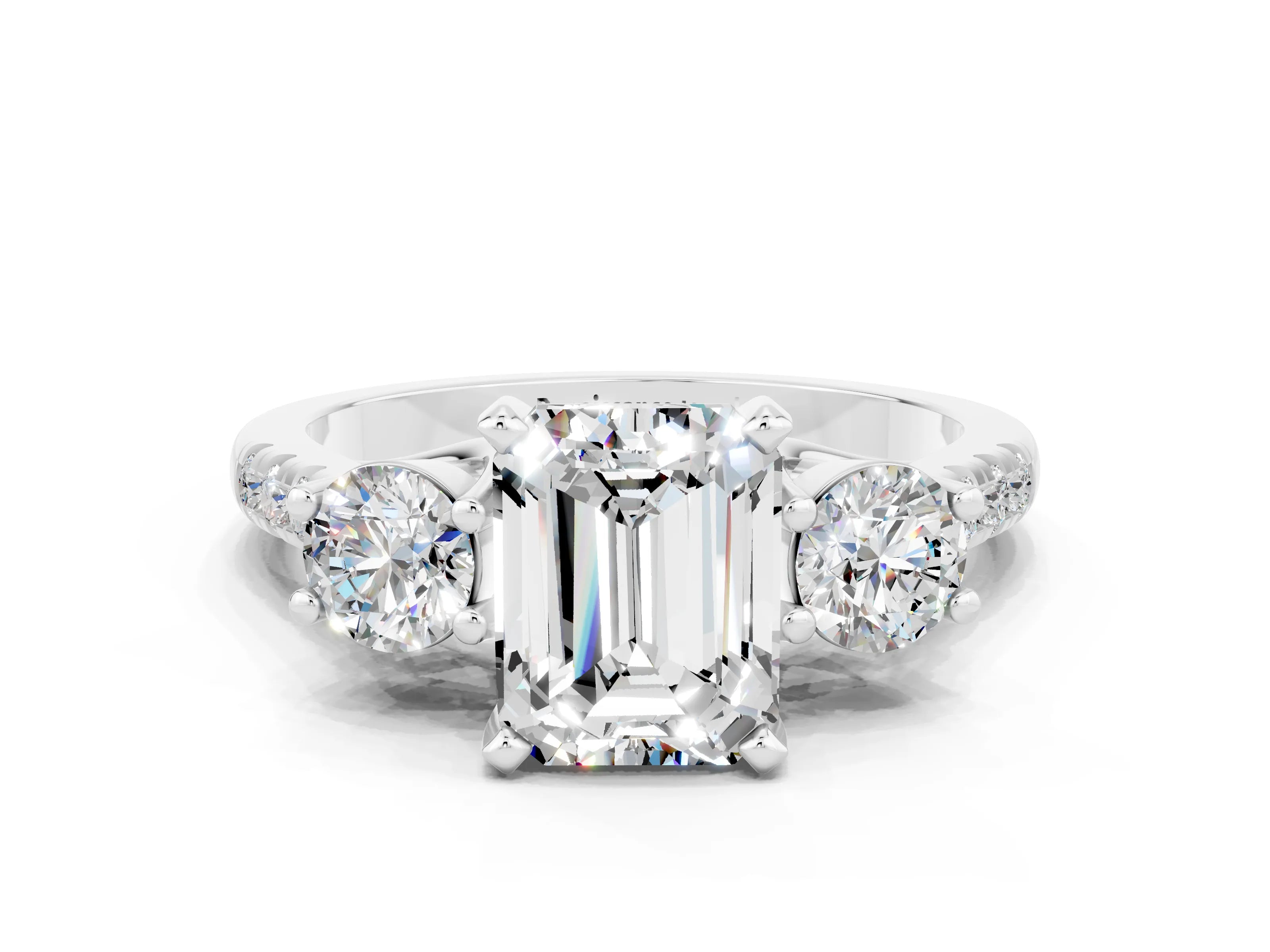 White gold Three-Stone Emerald Cut Moissanite Pavé Band with Four-Prong Setting