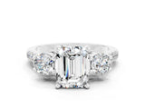 White gold Three-Stone Emerald Cut Moissanite Pavé Band with Four-Prong Setting