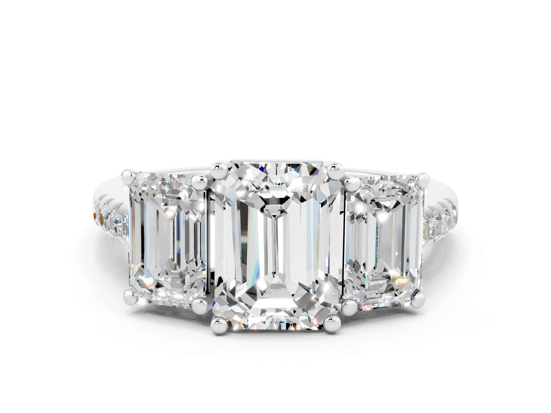 White gold Three-Stone Emerald Cut Moissanite Ring with Pavé Band and Prong Setting_12