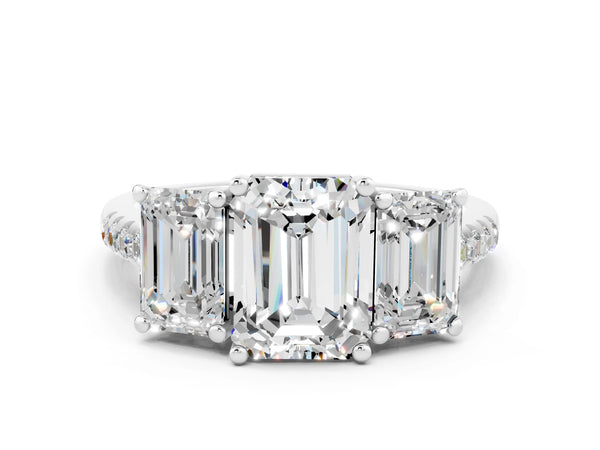 Platinum Three-Stone Emerald Cut Moissanite Ring with Round  Pavé Band and Prong Setting