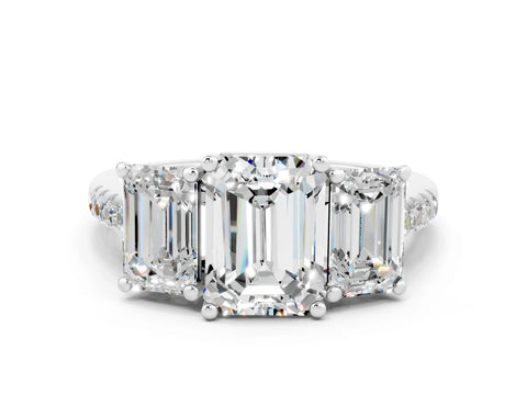 White gold Three-Stone Emerald Cut Moissanite Ring with Pavé Band and Prong Setting_12