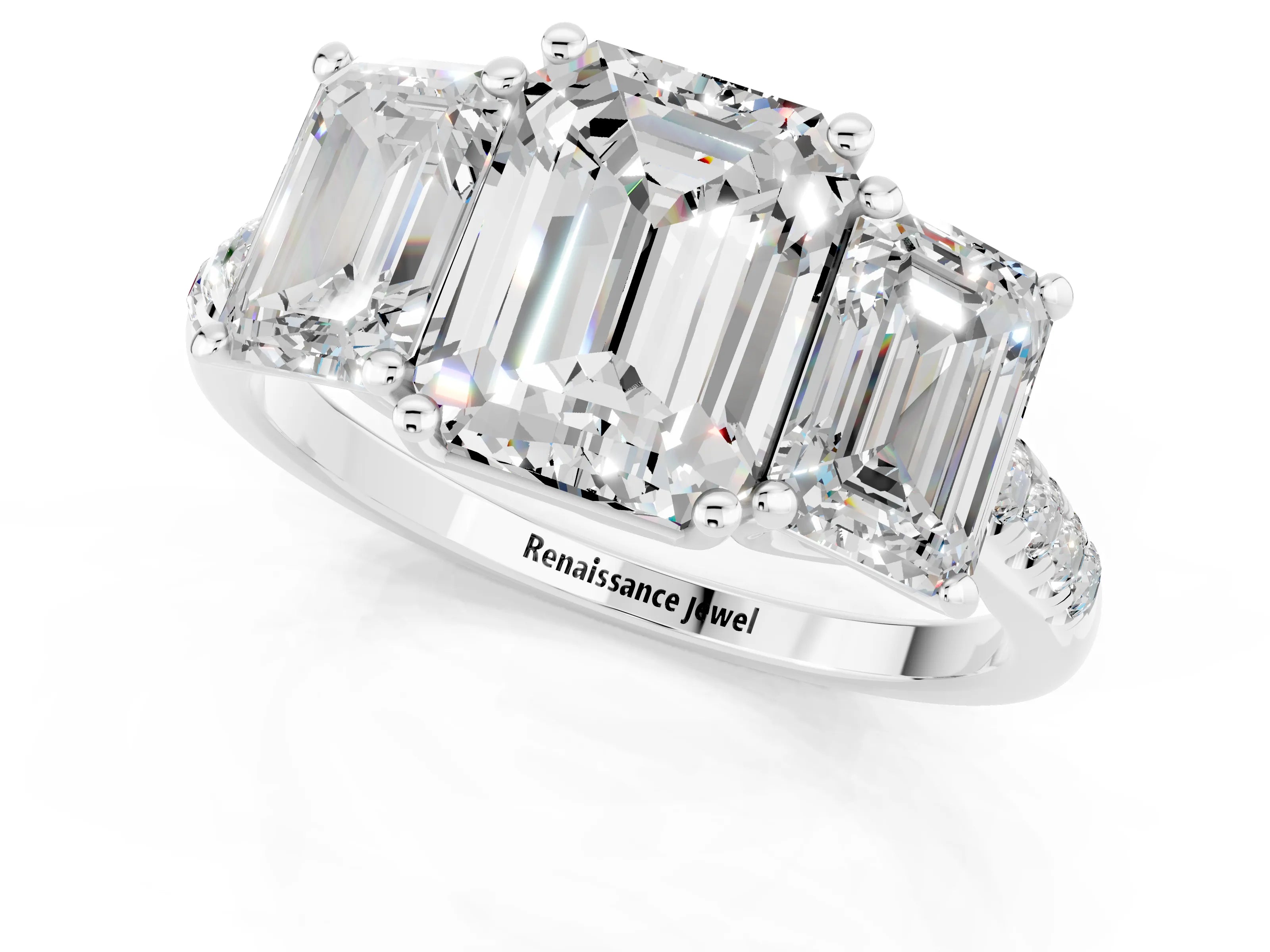 White gold Three-Stone Emerald Cut Moissanite Ring with Pavé Band and Prong Setting_13