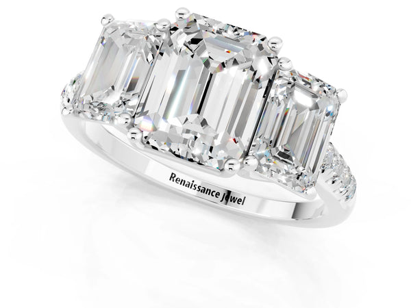 Silver Three-Stone Emerald Cut Moissanite Ring with Round  Pavé Band and Prong Setting