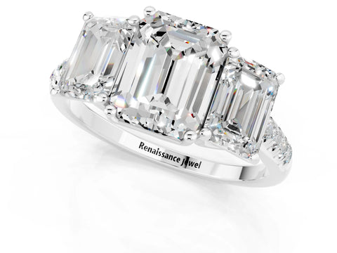 White gold Three-Stone Emerald Cut Moissanite Ring with Pavé Band and Prong Setting_13