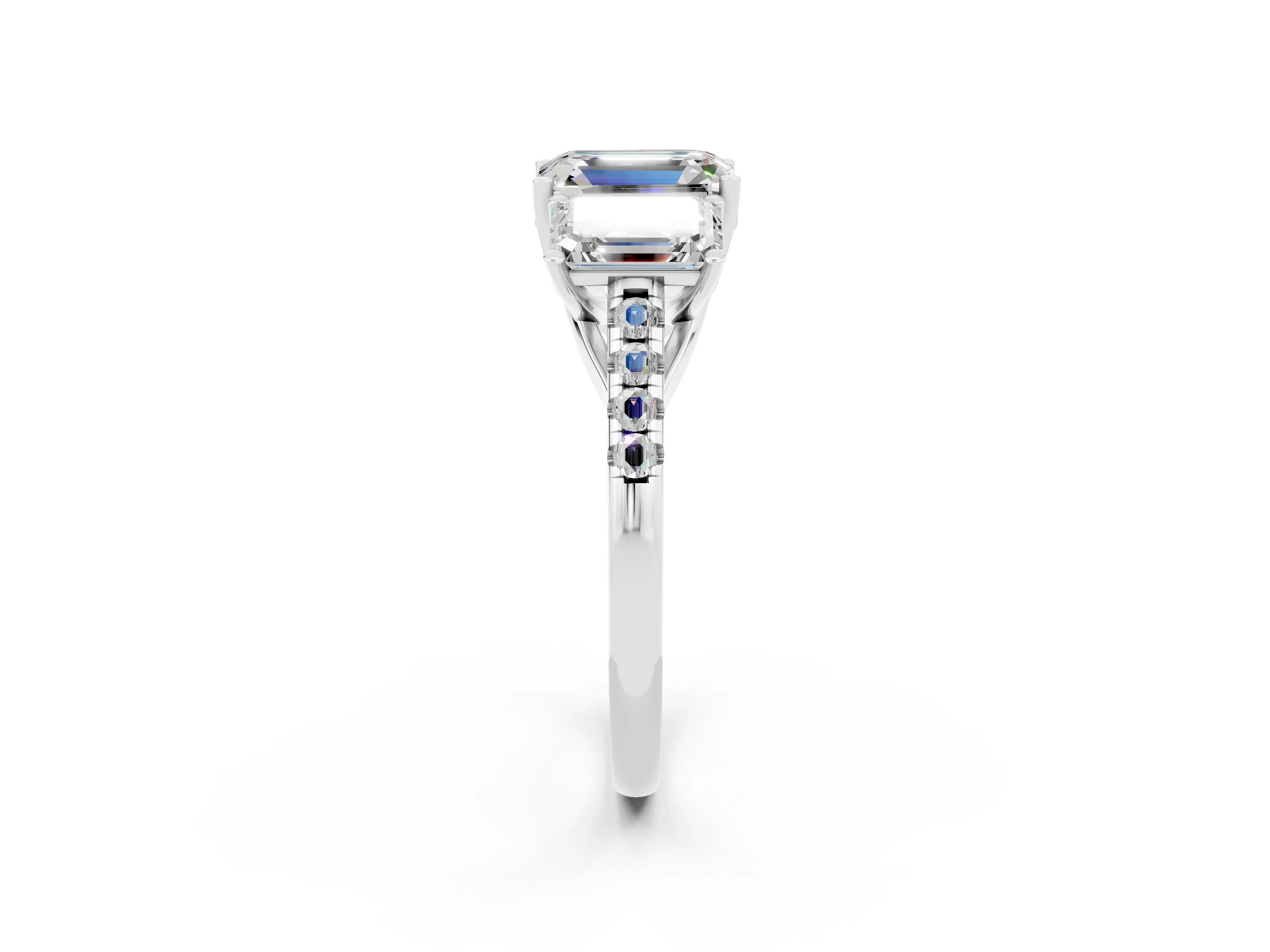 White gold Three-Stone Emerald Cut Moissanite Ring with Pavé Band and Prong Setting_14