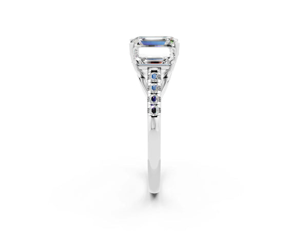 White gold Three-Stone Emerald Cut Moissanite Ring with Round  Pavé Band and Prong Setting