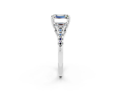 White gold Three-Stone Emerald Cut Moissanite Ring with Pavé Band and Prong Setting_14