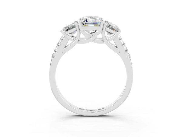Platinum Three-Stone Emerald Cut Moissanite Ring with Round  Pavé Band and Prong Setting