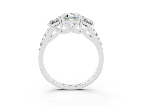 White gold Three-Stone Emerald Cut Moissanite Ring with Pavé Band and Prong Setting_15