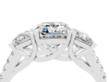 White gold Three-Stone Emerald Cut Moissanite Ring with Pavé Band and Prong Setting_16