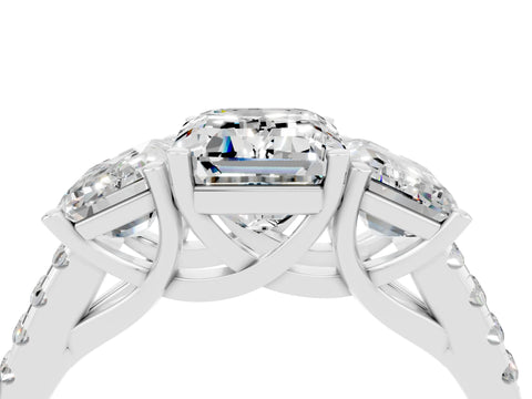 White gold Three-Stone Emerald Cut Moissanite Ring with Pavé Band and Prong Setting_16