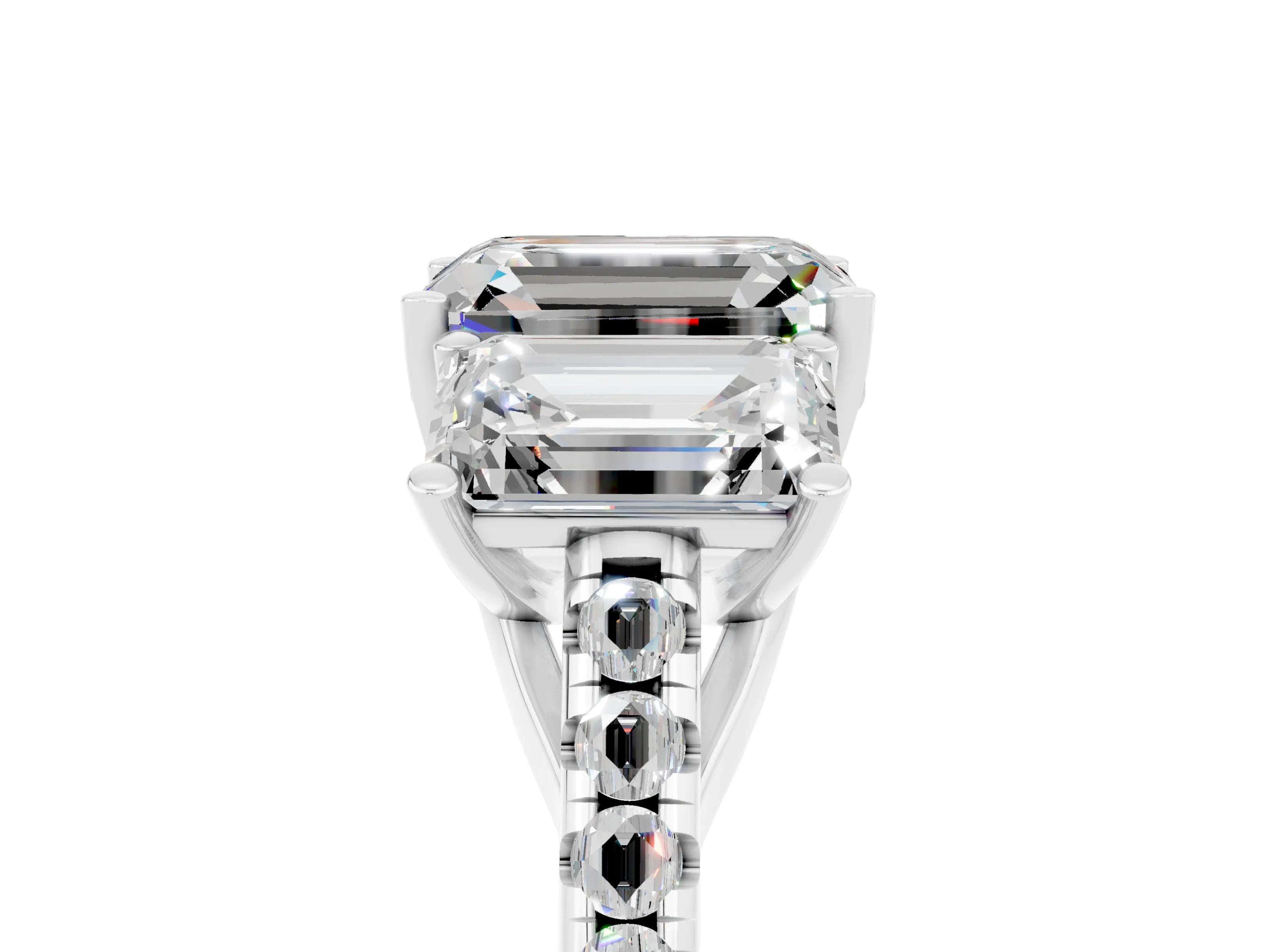 White gold Three-Stone Emerald Cut Moissanite Ring with Pavé Band and Prong Setting_17