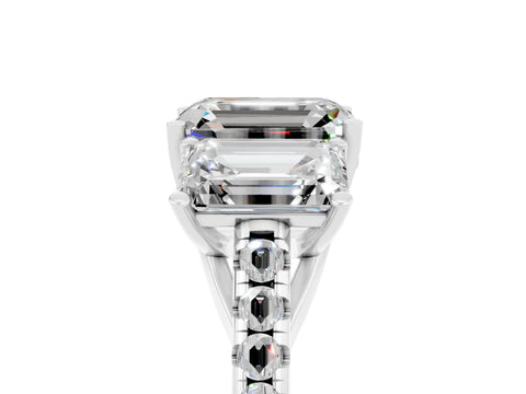 White gold Three-Stone Emerald Cut Moissanite Ring with Pavé Band and Prong Setting_17