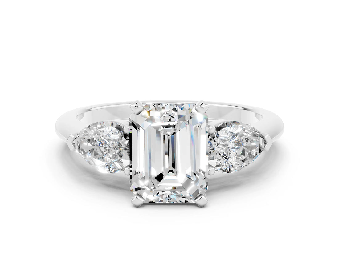 White gold Three-Stone Emerald Cut Moissanite Ring with Pear Side Stones and Four-Prong Setting