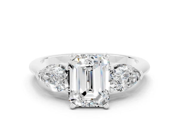 Platinum Three-Stone Emerald Cut Moissanite Ring with Pear Side Stones and Four-Prong Setting
